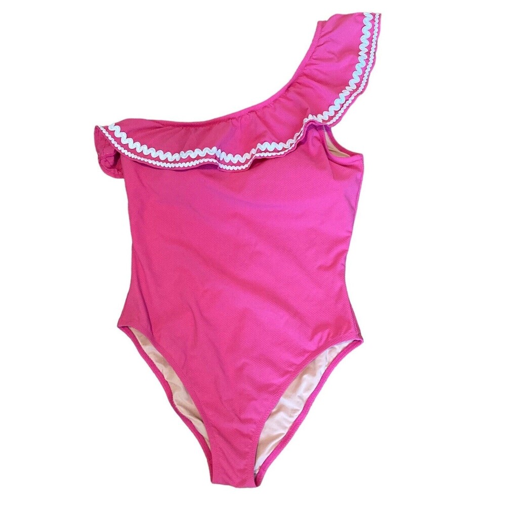 J Crew Swimsuit Pink Ruffled One Shoulder One Piece Size 10 Lace Bathing Suit